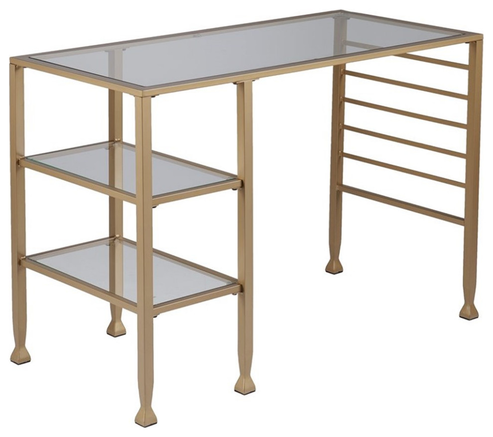 UrbanPro Transitional Glass Top Writing Desk in Soft Gold Finish
