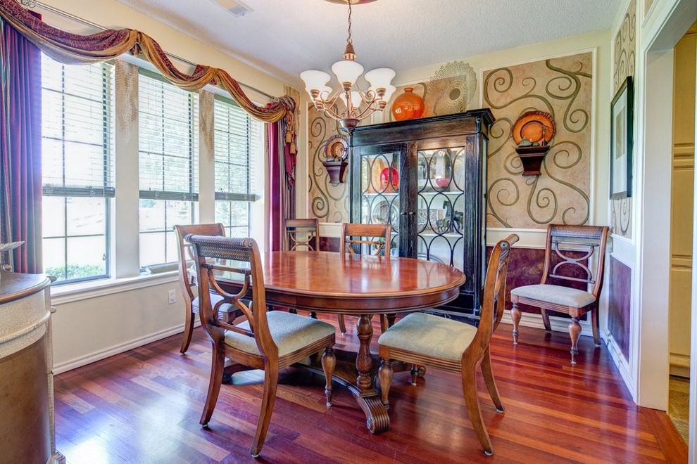 Photo of a mid-sized eclectic separate dining room in Dallas with multi-coloured walls and medium hardwood floors.