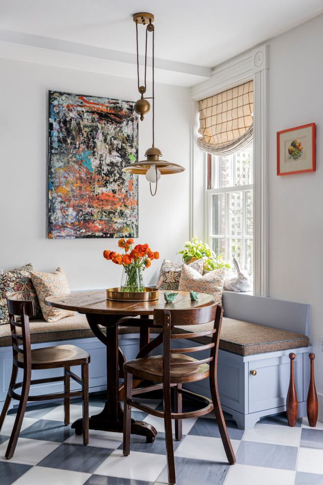 Breakfast nook - mid-sized eclectic l-shaped marble floor breakfast nook idea in Boston with a farmhouse sink, recessed-panel cabinets, blue cabinets, marble countertops, subway tile backsplash and an island