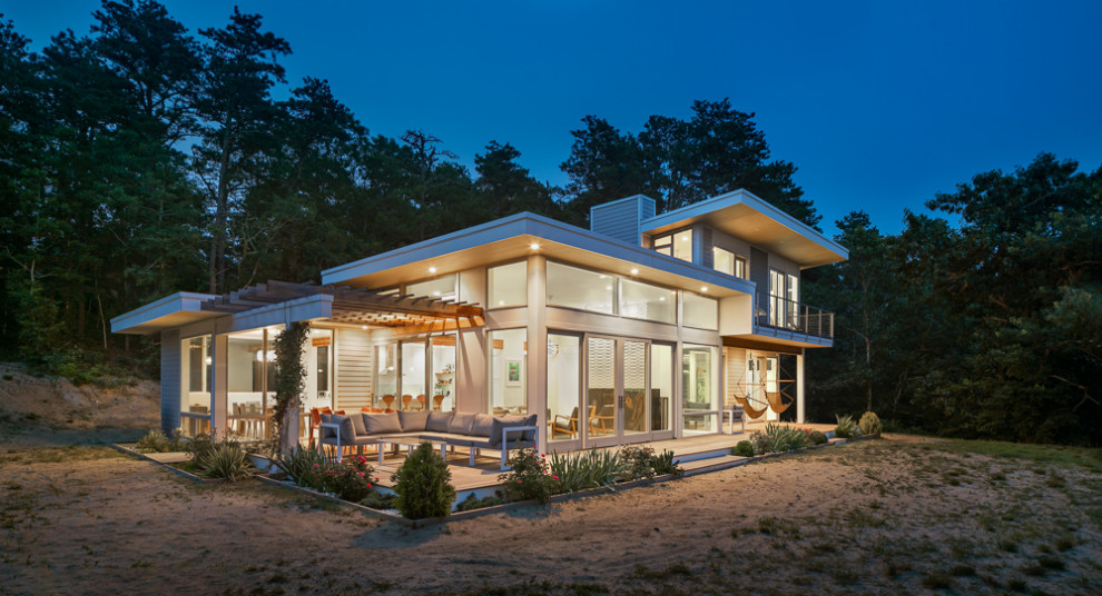 Свежая идея для дизайна: двухэтажный, серый частный загородный дом среднего размера в стиле модернизм с облицовкой из ЦСП, плоской крышей и отделкой дранкой - отличное фото интерьера