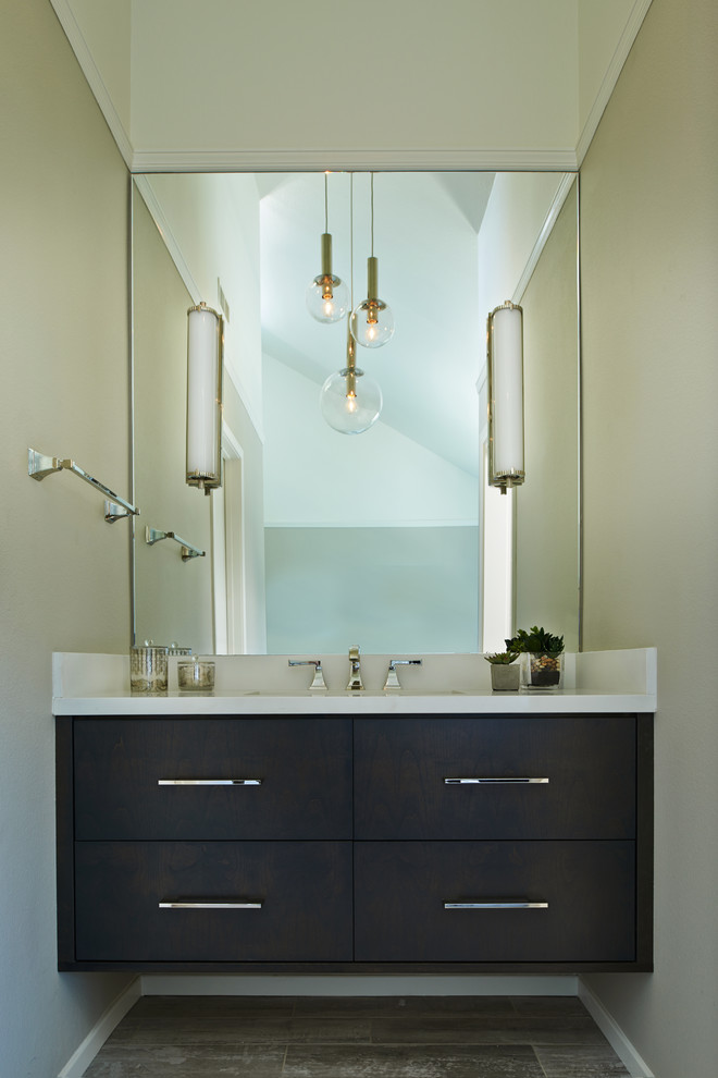 Mid-sized contemporary master bathroom in Los Angeles with an undermount sink, flat-panel cabinets, grey cabinets, engineered quartz benchtops, an open shower, a one-piece toilet, gray tile, porcelain tile, grey walls and porcelain floors.
