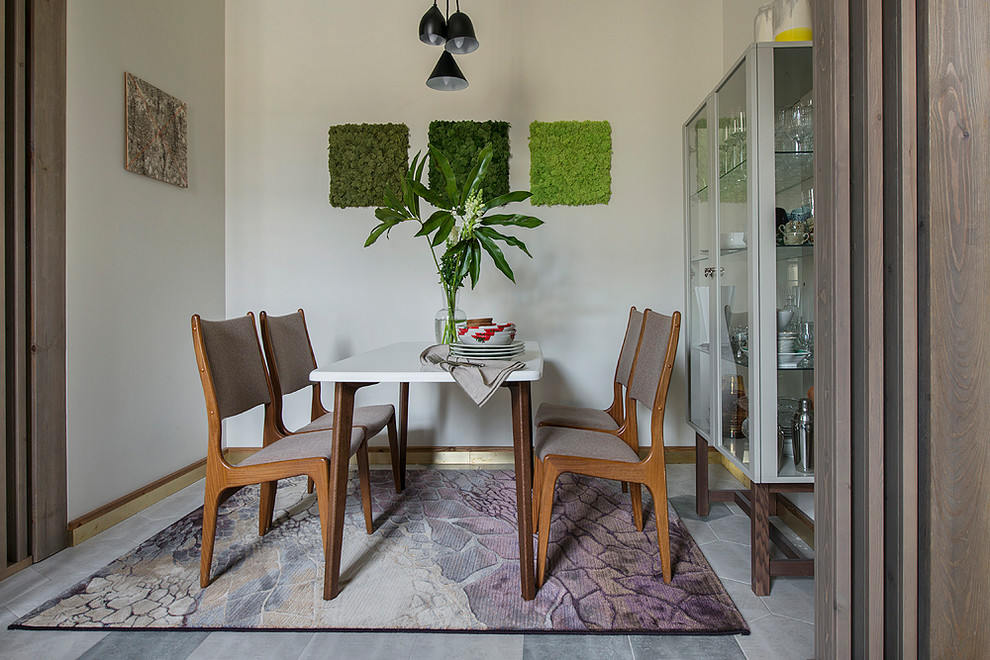 Стильный дизайн: маленькая кухня-столовая в современном стиле с белыми стенами для на участке и в саду - последний тренд