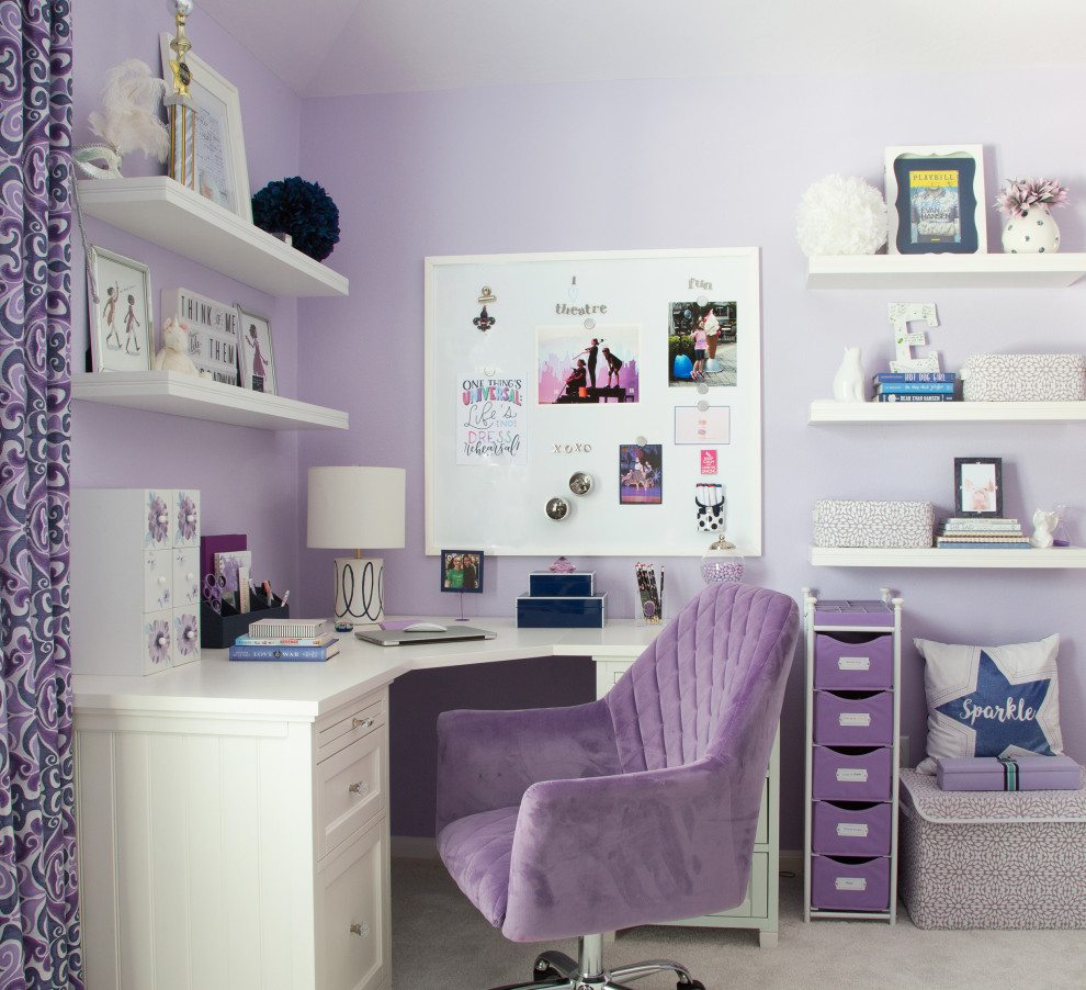 The Davis Home - Girls Bedroom who loves musical theatre. Painted in Sherwin Williams potentially Purple. Upholstered Daybed Custom Drapery and nightstands.