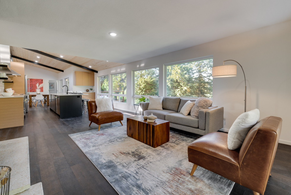 Example of a huge mid-century modern wood ceiling kitchen design in Portland with quartz countertops and white countertops