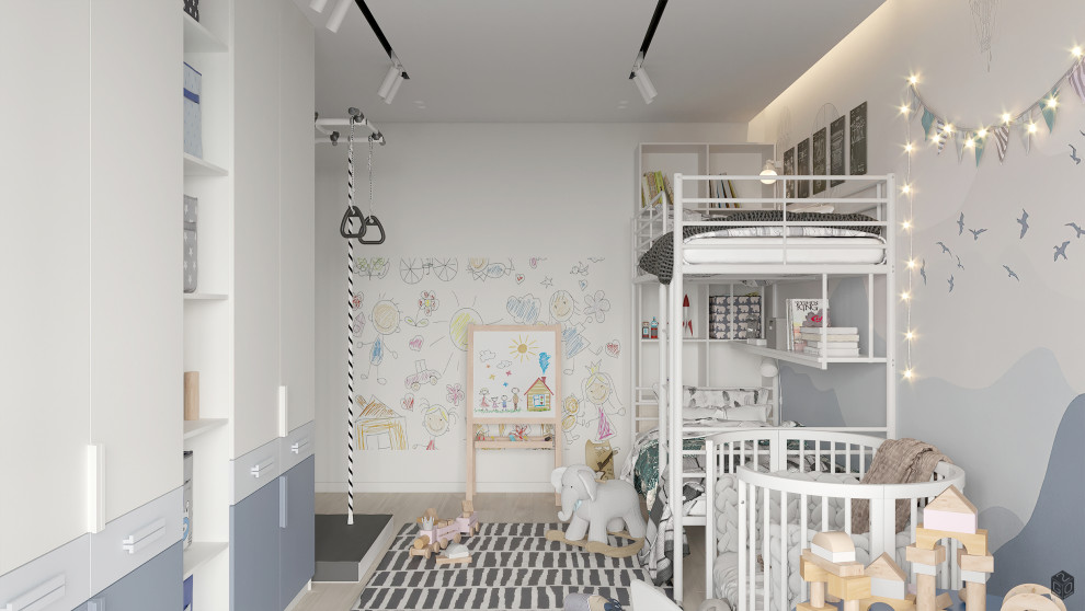 Свежая идея для дизайна: нейтральная детская среднего размера в современном стиле с спальным местом, белыми стенами, паркетным полом среднего тона и бежевым полом для ребенка от 1 до 3 лет, двоих детей - отличное фото интерьера