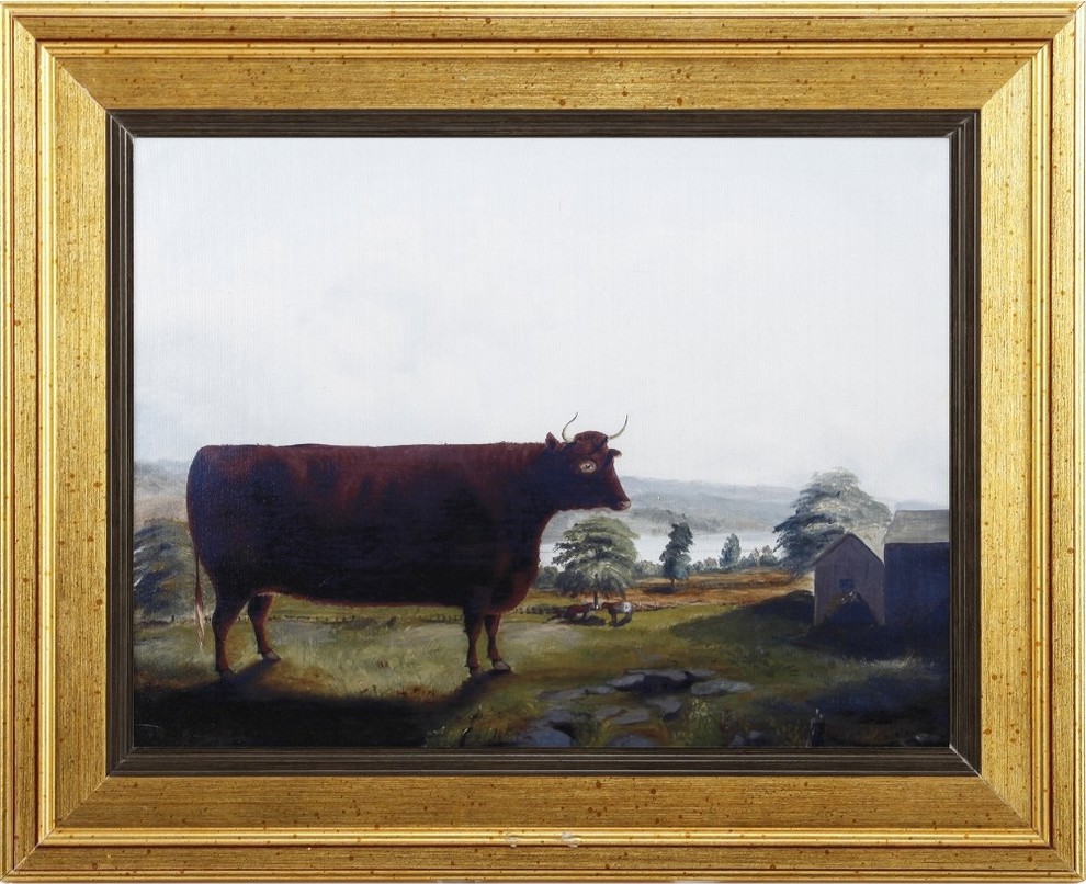 Wooden Framed Bull Wall Art On Linen Fabric, Multicolor Traditional