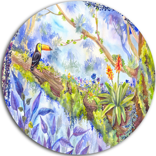 Jungle with Bird Toucan on Tree, Round Metal Wall Art Landscape