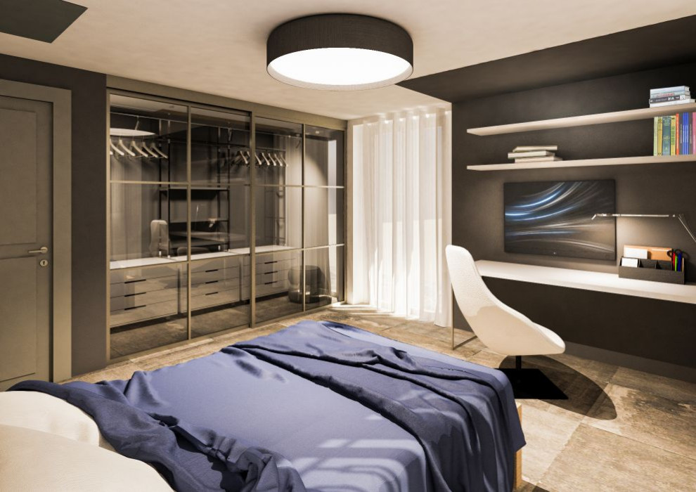 На фото: спальня среднего размера в стиле лофт с серыми стенами, полом из керамогранита и рабочим местом
