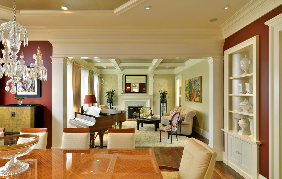 Photo of a transitional living room in Boston with beige walls and dark hardwood floors.