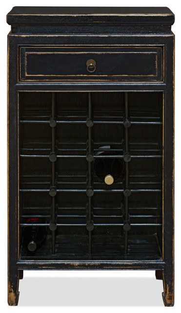 Distressed Black Elmwood Mandarin Wine Bar Cabinet Asian Wine