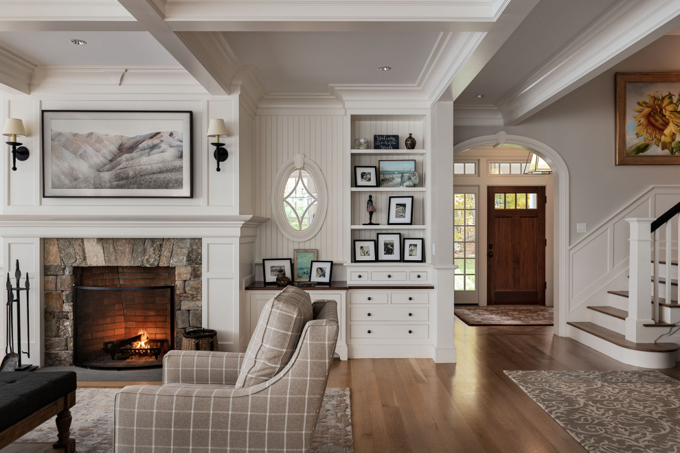 Example of a beach style living room design in Boston
