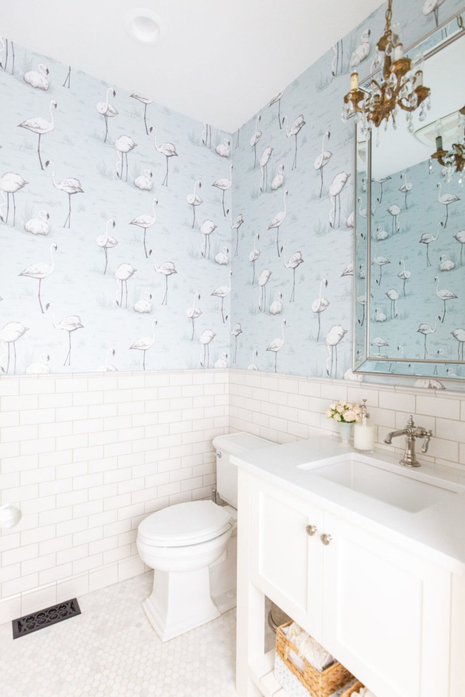 Photo of a traditional bathroom in Vancouver with white tiles, ceramic tiles and white walls.