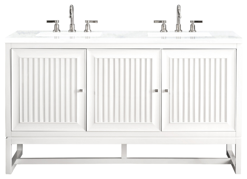 Athens 60" Double Vanity, Glossy White, Arctic Fall Solid Surface Top