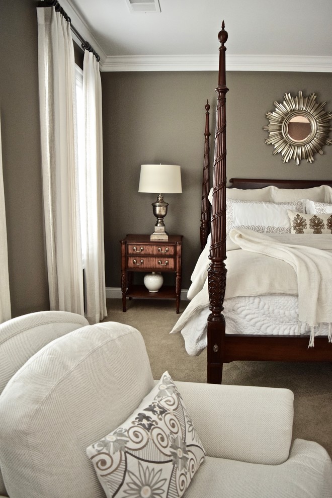 Example of a large classic master carpeted and beige floor bedroom design in DC Metro with gray walls and no fireplace