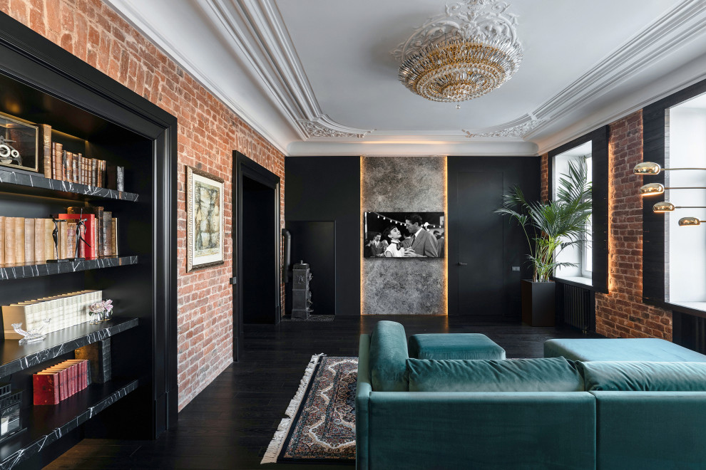 Inspiration for an expansive urban living room in Saint Petersburg with a reading nook, black walls, dark hardwood flooring, a corner fireplace, a tiled fireplace surround, a wall mounted tv, exposed beams and brick walls.