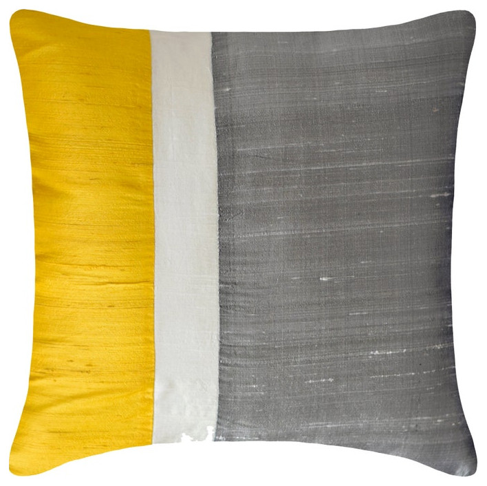 Yellow & Grey Silk Color Block Patchwork 20"x20" Pillow Cover - Splendour Yellow