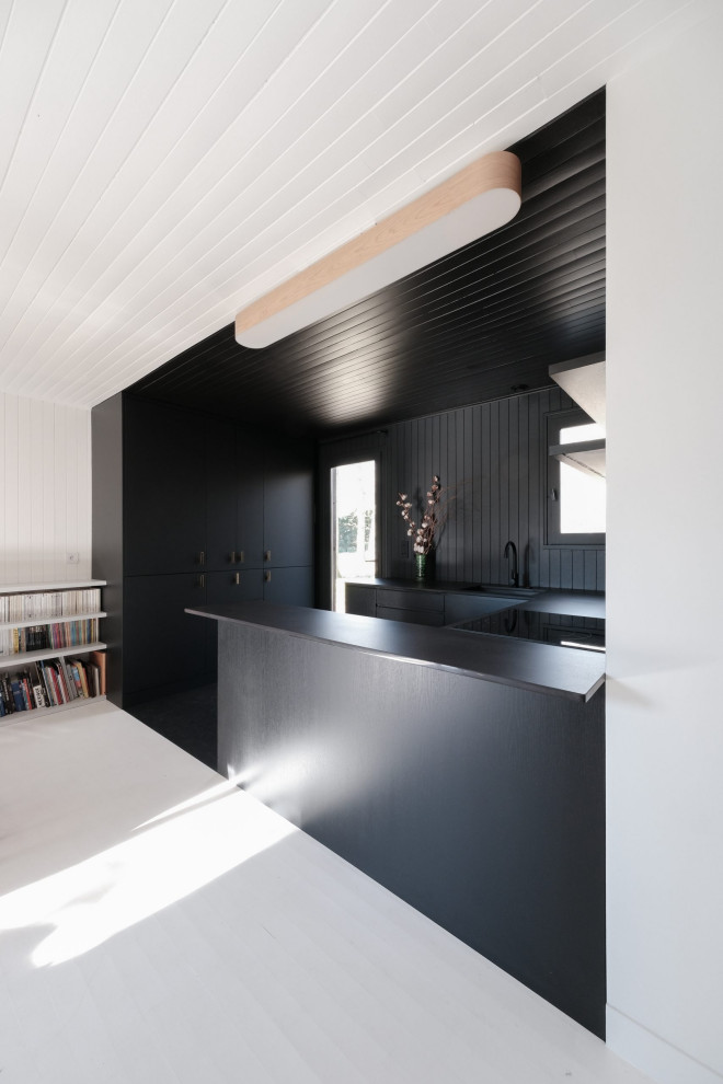 Photo of a mid-sized modern u-shaped open plan kitchen in Paris with an undermount sink, beaded inset cabinets, dark wood cabinets, granite benchtops, black splashback, shiplap splashback, black appliances, painted wood floors, with island, black floor, black benchtop and timber.