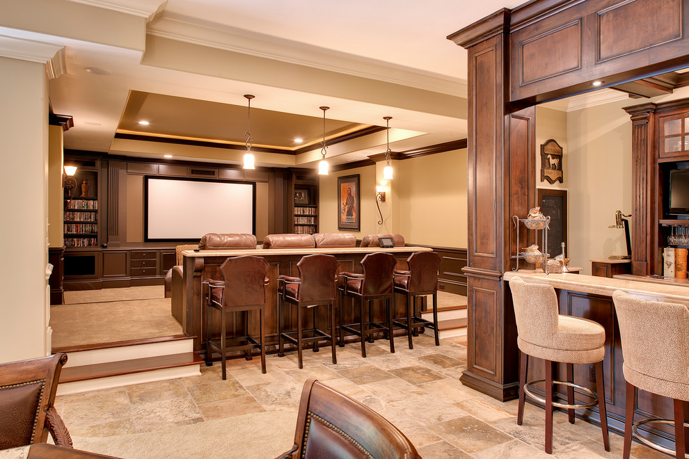 Photo of a mid-sized traditional enclosed home theatre in Indianapolis with beige walls, carpet and a wall-mounted tv.