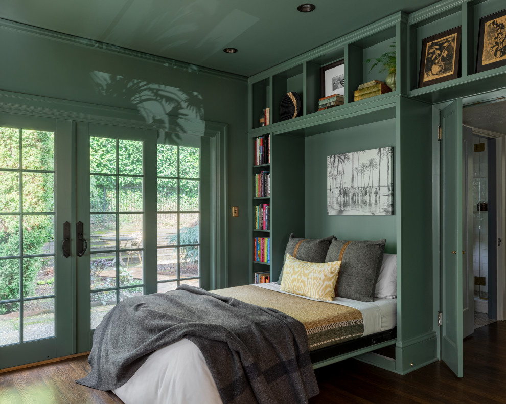 Large transitional guest dark wood floor and brown floor bedroom photo in Portland with gray walls