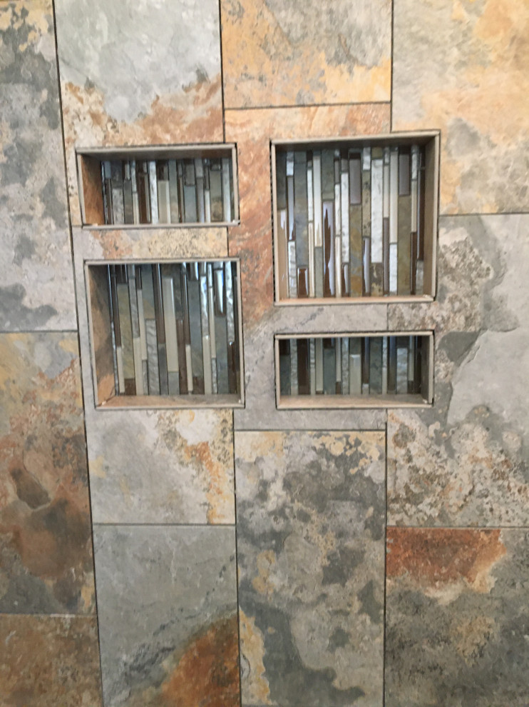 Inspiration för ett mellanstort rustikt en-suite badrum, med möbel-liknande, skåp i mellenmörkt trä, en dusch i en alkov, en bidé, flerfärgad kakel, porslinskakel, bruna väggar, ett fristående handfat, brunt golv och dusch med gångjärnsdörr
