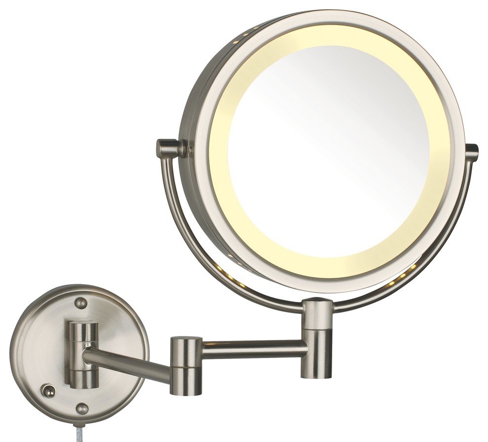 Modern Nickel Wall Mounted Lighted Make Up Mirror, Corded Plug-In