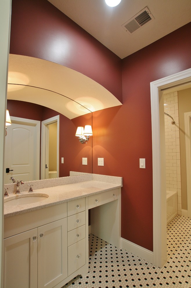Transitional bathroom photo in Chicago with flat-panel cabinets and white cabinets
