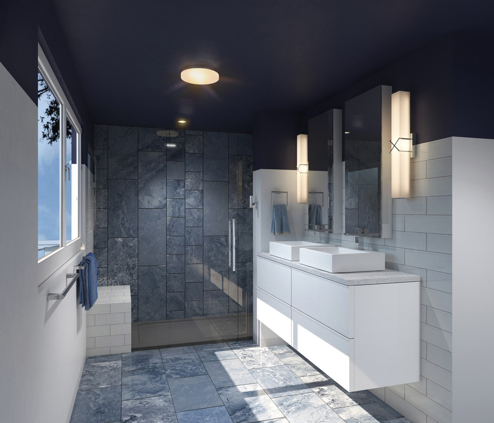 Photo of a mid-sized contemporary master bathroom in Denver with flat-panel cabinets, white cabinets, a one-piece toilet, gray tile, porcelain tile, white walls, porcelain floors, a vessel sink, engineered quartz benchtops, grey floor, a hinged shower door and white benchtops.