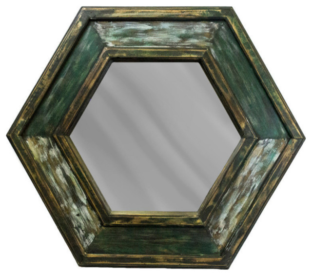 Sagebrook Home Aged Green Wood Hexagon Mirror Farmhouse Wall