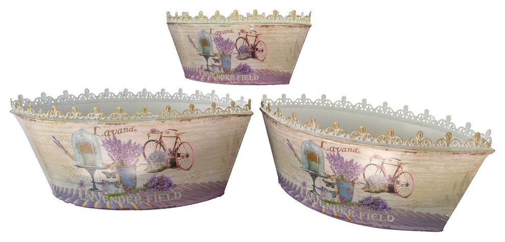 French country planters vintage painted metal decorative flower pots (Set of 3)
