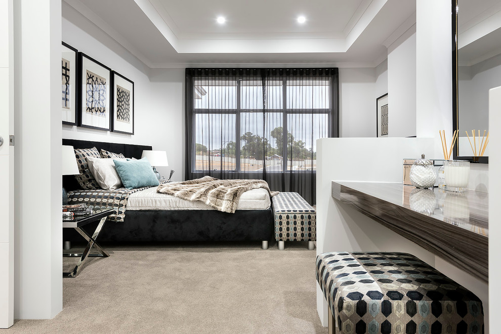 Photo of a mid-sized contemporary master bedroom in Perth with white walls and carpet.