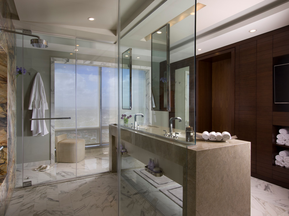 Photo of a large contemporary bathroom in Miami with a drop-in sink, white cabinets, an open shower, beige tile, stone tile, marble floors, quartzite benchtops and multi-coloured walls.