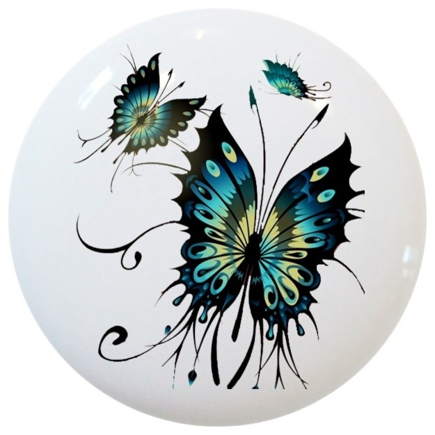 Teal Butterflies Ceramic Cabinet Drawer Knob - Contemporary - Cabinet ...