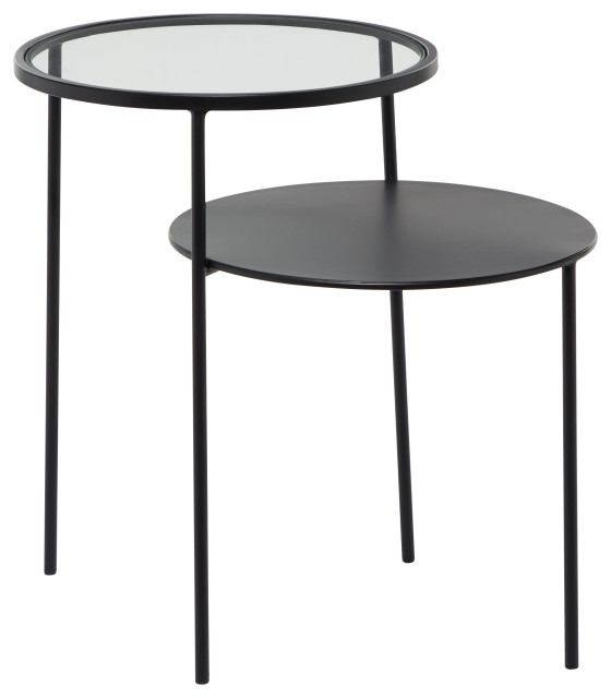 Round Black Metal Coffee Table With Glass Top, 31.5"x15", Accent Table