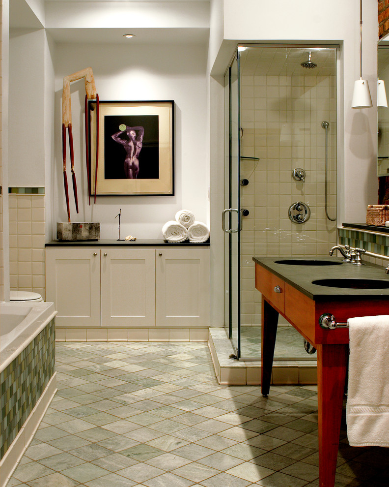 Inspiration for a transitional bathroom in New York with medium wood cabinets, an alcove shower, an alcove tub, green tile and green floor.