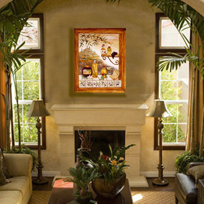 Tuscan Painting Over Fireplace Mediterranean Living Room