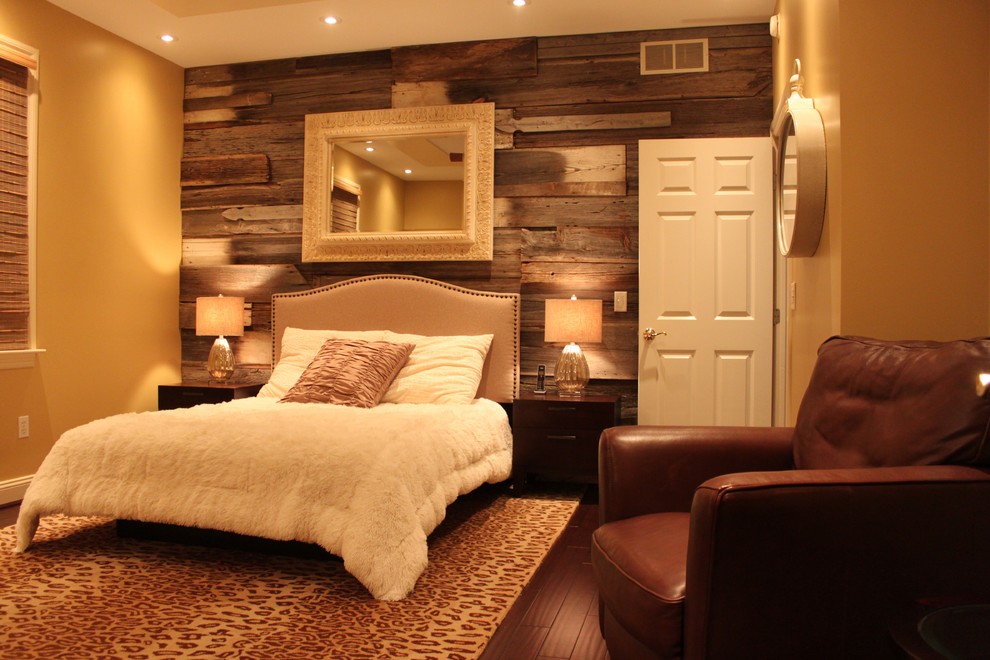 Bedroom - transitional master bamboo floor bedroom idea with yellow walls