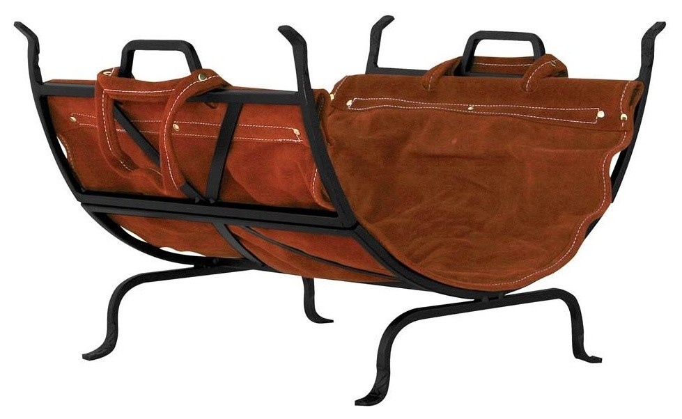 Black Wrought Iron Log Holder With Leather Carrier Firewood Racks
