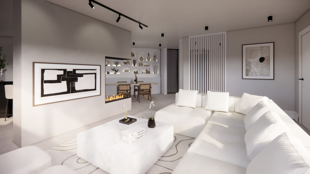 Diseño de salón abierto y beige y blanco contemporáneo con suelo de cemento, chimenea de doble cara, marco de chimenea de metal, televisor colgado en la pared, alfombra, paredes blancas y suelo beige