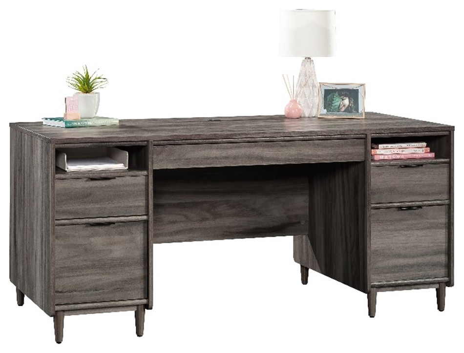 Pemberly Row Engineered Wood Executive Desk in Jet Acacia / Gray Finish