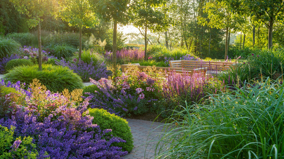 Ejemplo de jardín de secano clásico grande en verano en patio trasero con parterre de flores y exposición total al sol
