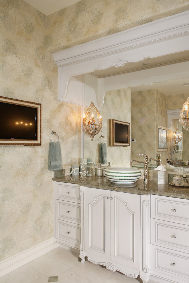 Inspiration for a huge transitional master white tile marble floor corner shower remodel in Phoenix with a vessel sink, raised-panel cabinets, white cabinets, granite countertops, an undermount tub and beige walls