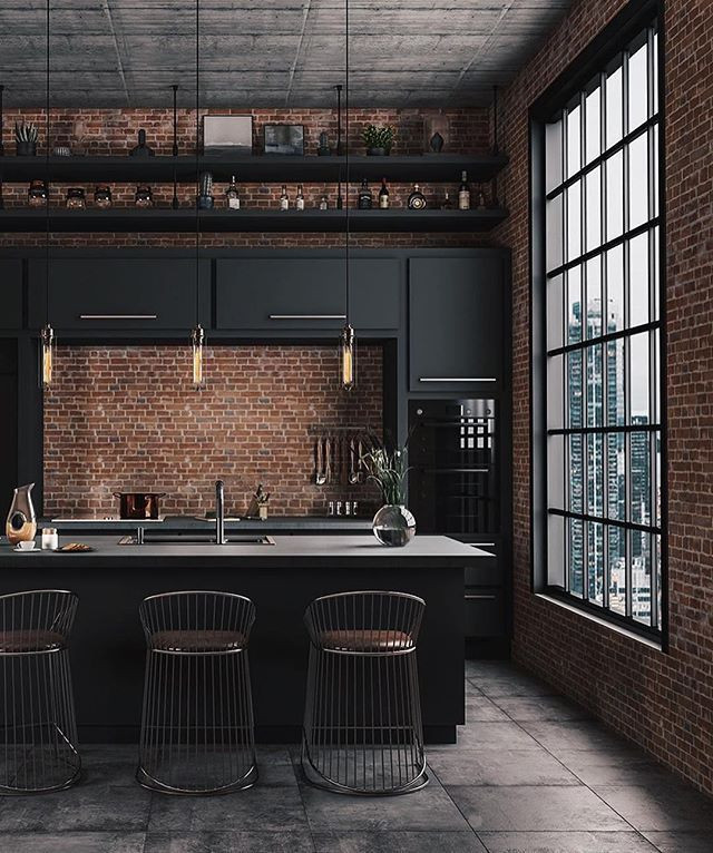 Design ideas for a mid-sized industrial galley eat-in kitchen in Columbus with a drop-in sink, flat-panel cabinets, black cabinets, concrete benchtops, brown splashback, brick splashback, stainless steel appliances, concrete floors, with island, grey floor and grey benchtop.