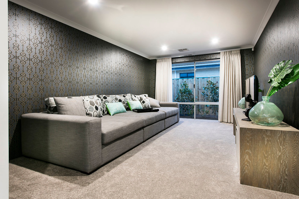 Mid-sized contemporary enclosed home theatre in Perth with carpet.