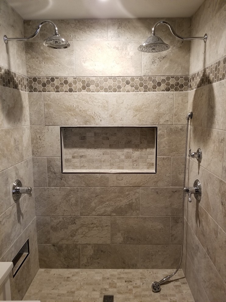Mid-sized modern 3/4 bathroom in New York with shaker cabinets, medium wood cabinets, a double shower, a one-piece toilet, porcelain tile, porcelain floors, an integrated sink, solid surface benchtops, a shower curtain and white benchtops.