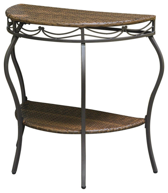 Valencia Resin Wicker/ Steel Halfmoon Table, Antique Brown Tropical Console Tables by