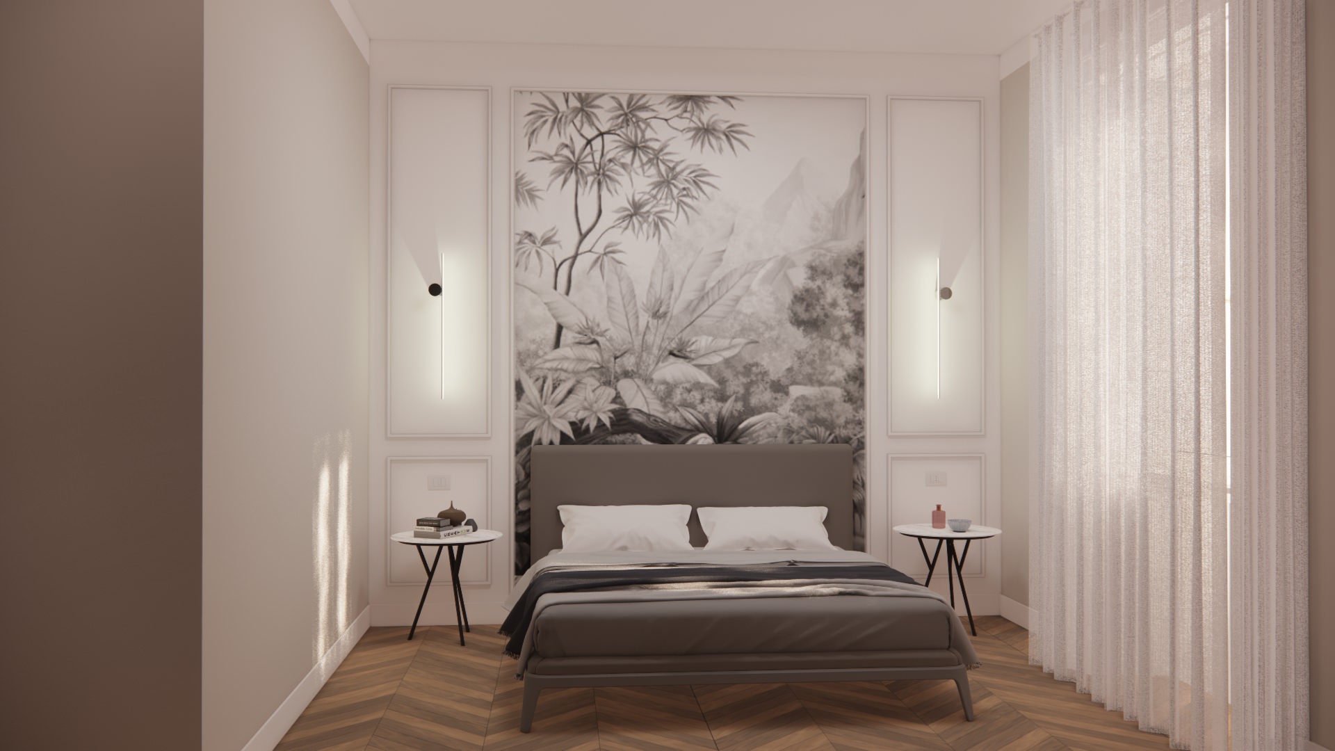VIA CRIVELLI | render - Elegante camera da letto con boiserie e carta da parati