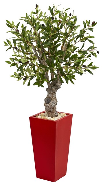 Artificial Tree 40 Inches Olive Tree with Red Tower Planters