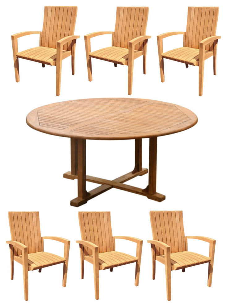 7Piece Outdoor Teak Dining Set 60" Round Table, 6 Goa Stacking Arm