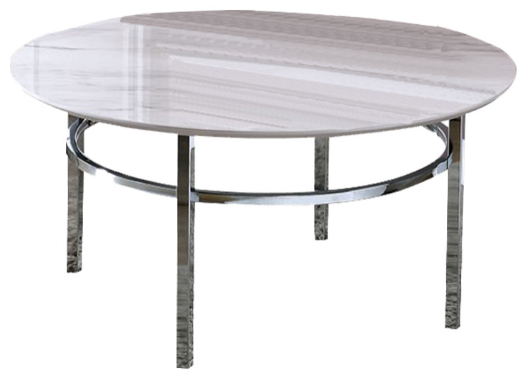 Faux Marble And Metal Round Coffee Table, White And Chrome