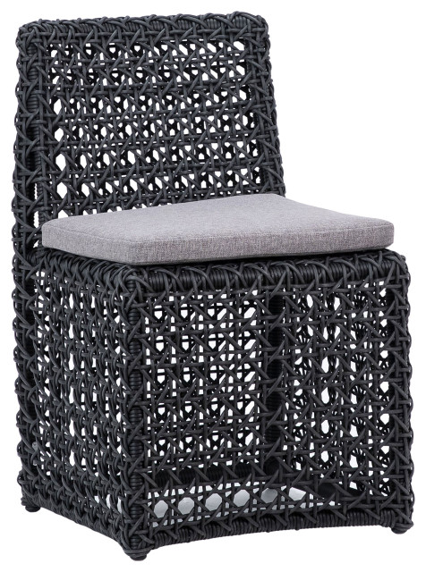 Arnie Indoor-Outdoor Woven Poly Rope Cube Chair With Gray Cushion, Charcoal Gray